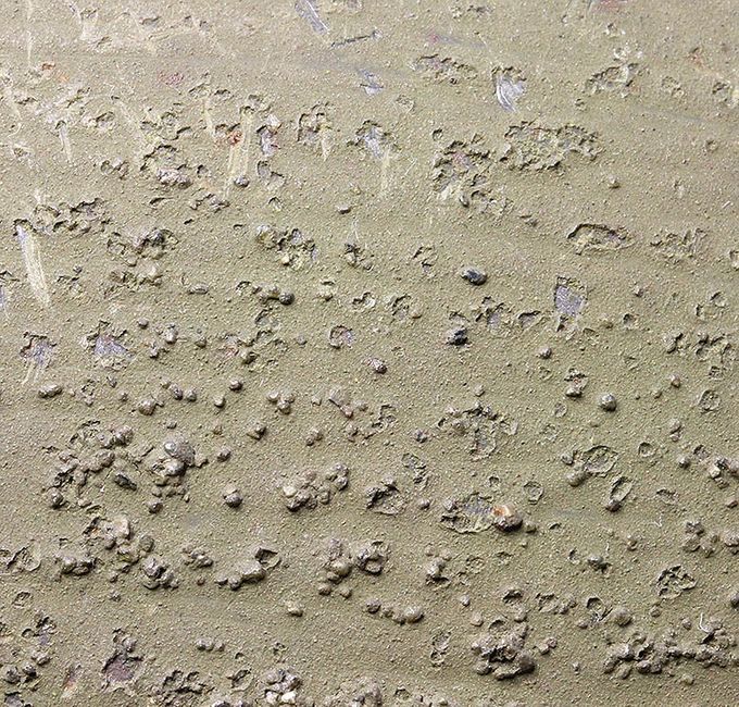 Nærbilde av malingsstrukturen på M40 hjelmen vist over. Denne malingen inneholder større sandpartikler og er spredd lett over hjelmoverflaten.